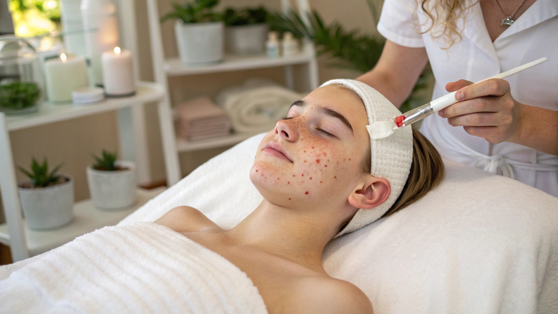 Teenager with acne-prone skin receiving a gentle facial