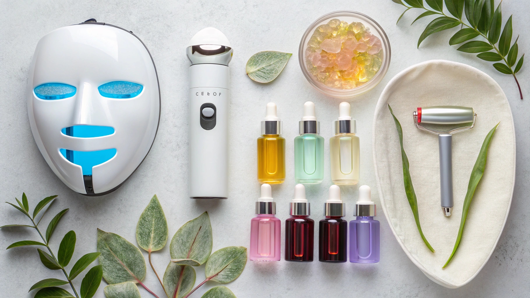 Collage of different elements like LED mask, lymphatic drainage tool, serum bottles