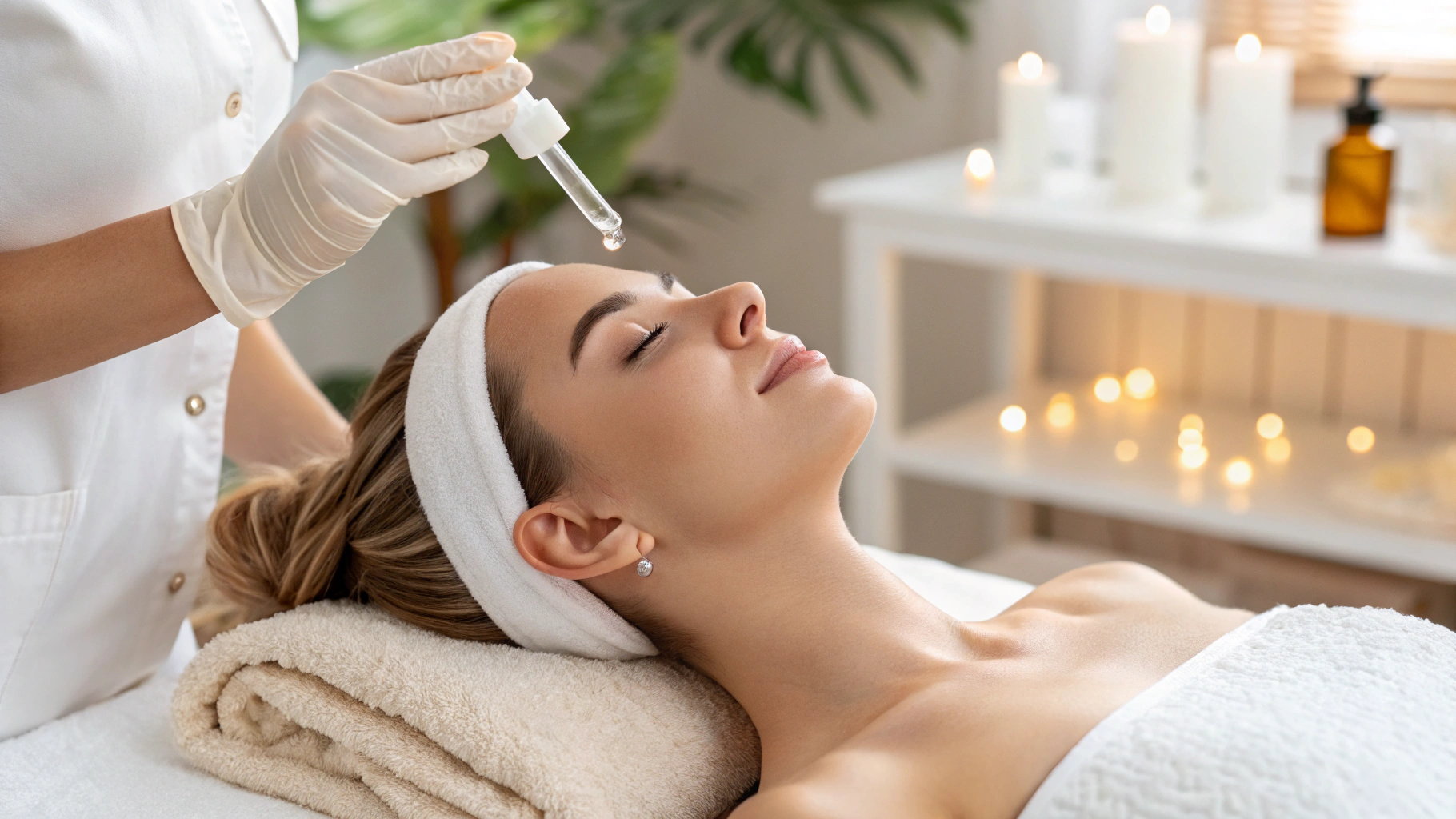 Esthetician applying a hydrating serum during a facial