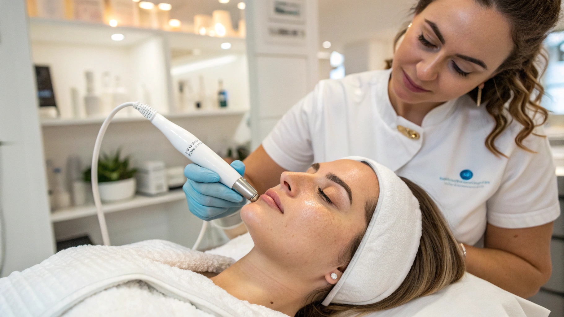 Esthetician using the HydraFacial wand on a client's face