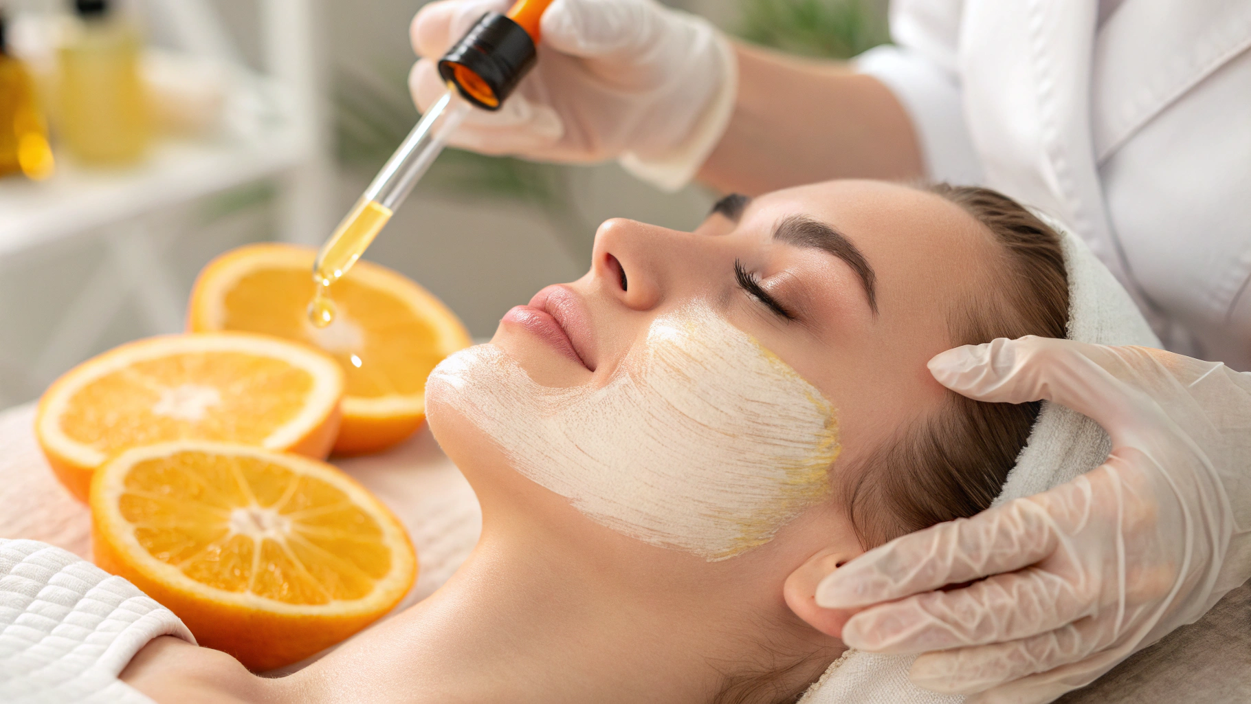Application of a brightening Vitamin C serum or mask