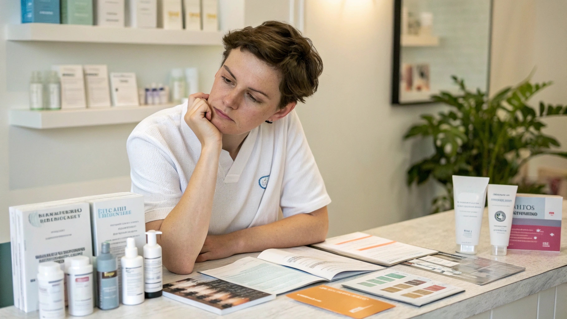 Person looking thoughtful, considering facial treatment options