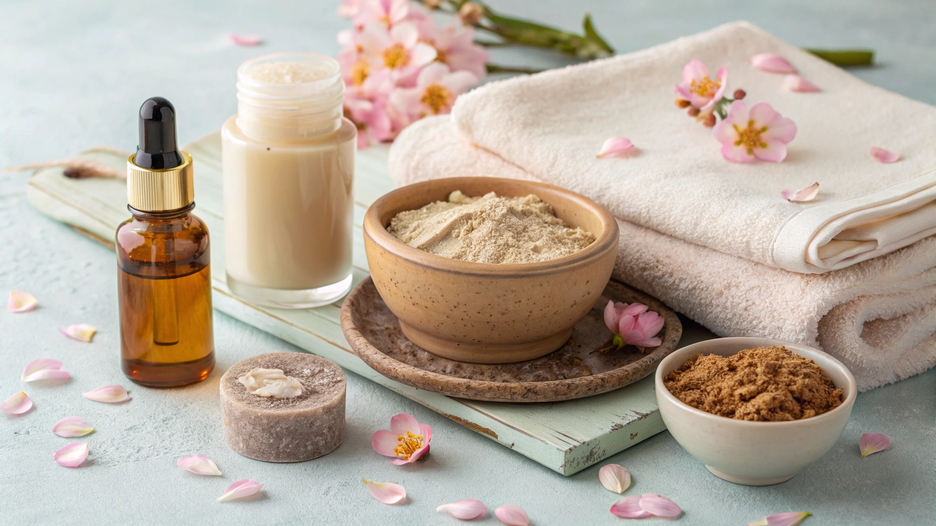 Collage of traditional facial elements: cleanser, scrub, mask, massage oil
