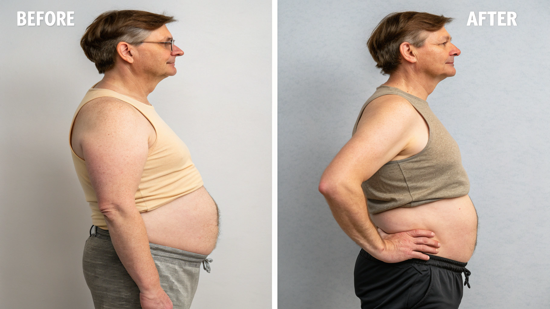 Before and after photos showing subtle but clear fat reduction on an abdomen