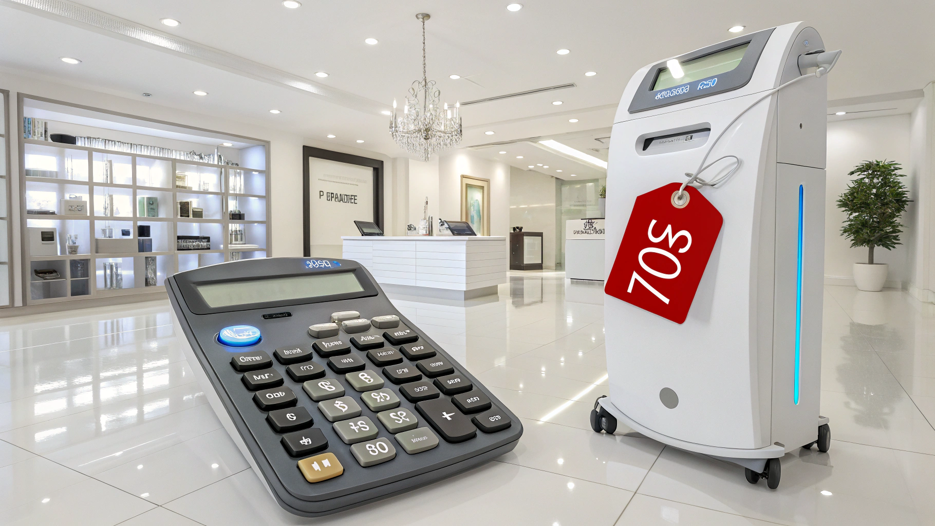 Calculator or price tag icon next to a body sculpting machine