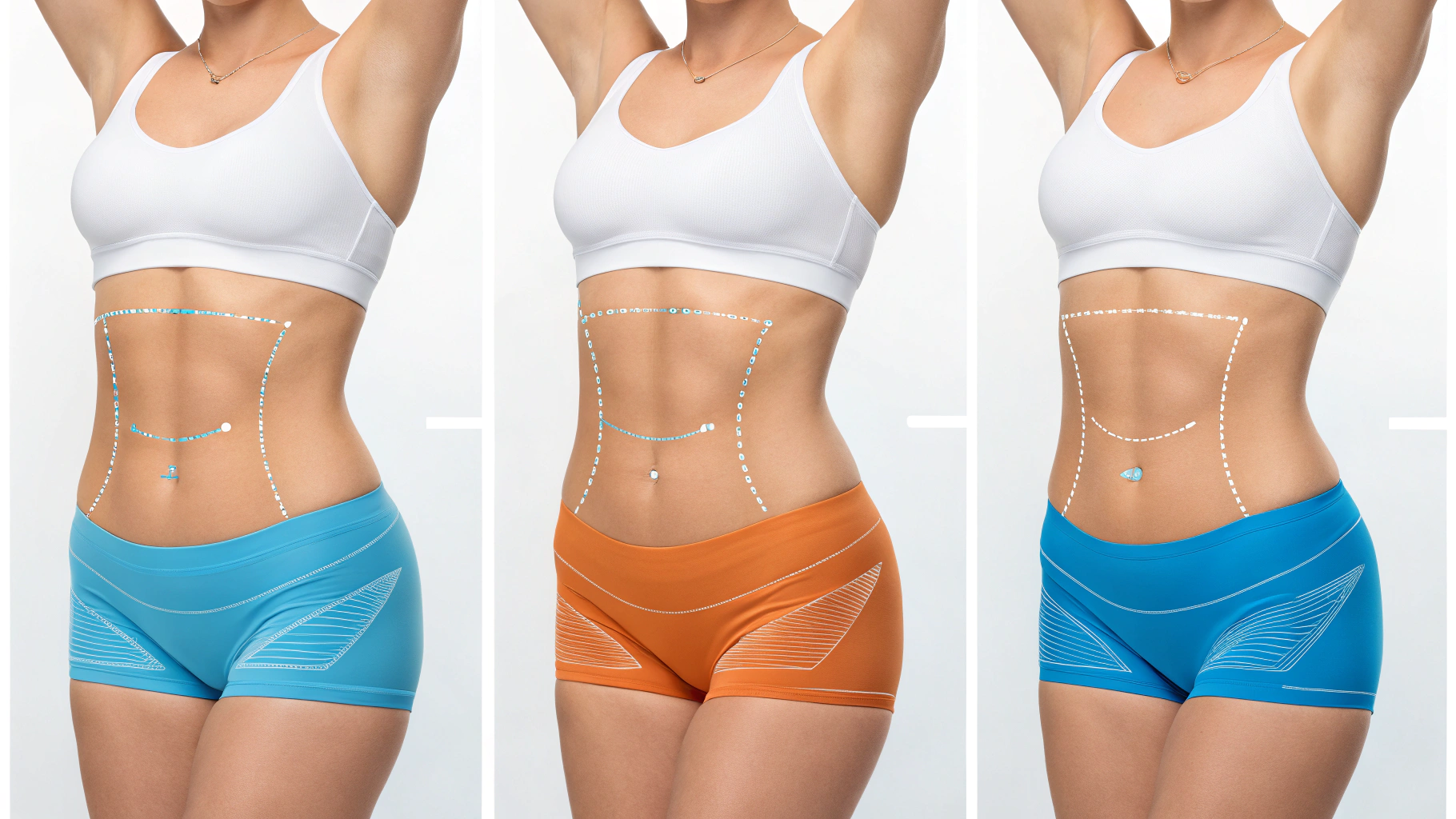 Icons representing fat cells, muscle fibers, and skin tightening