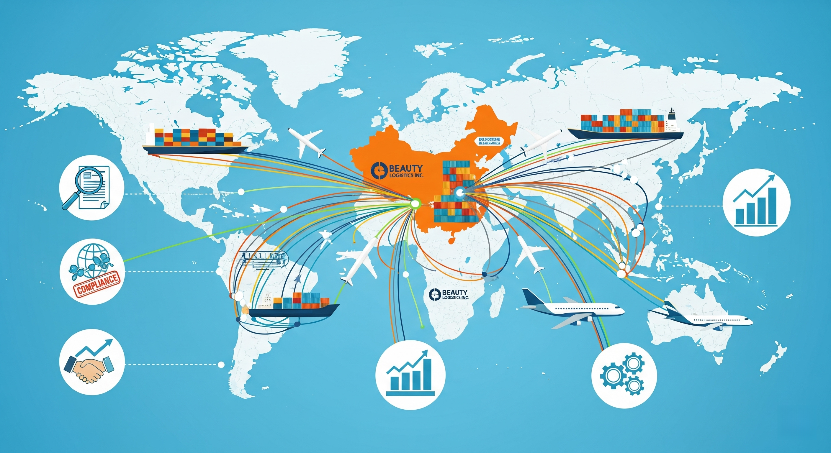 A world map with shipping lanes and certification logos connecting China to other countries