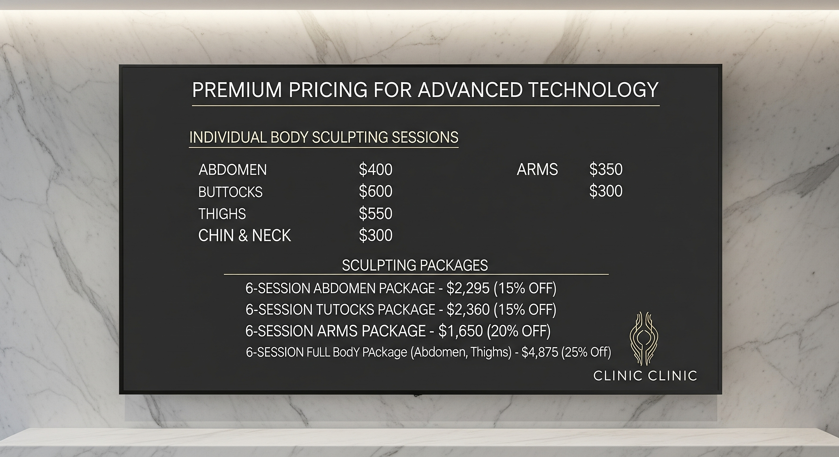 Menu board showing body sculpting pricing tiers
