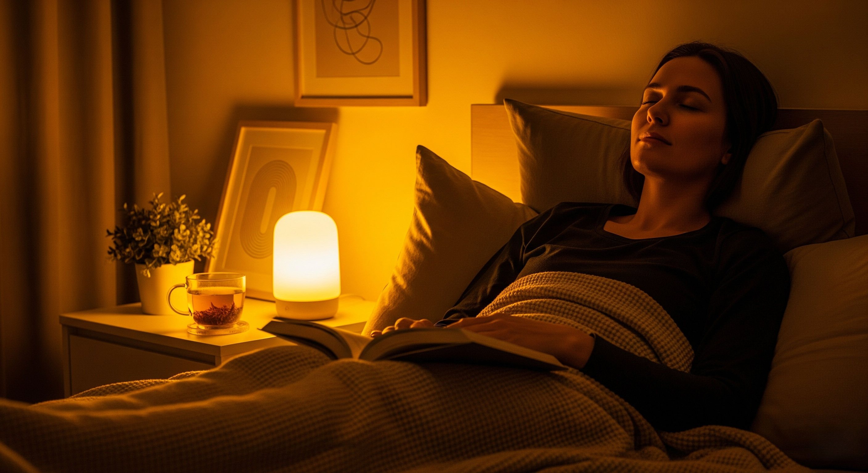 Person using amber LED light in bedroom setting