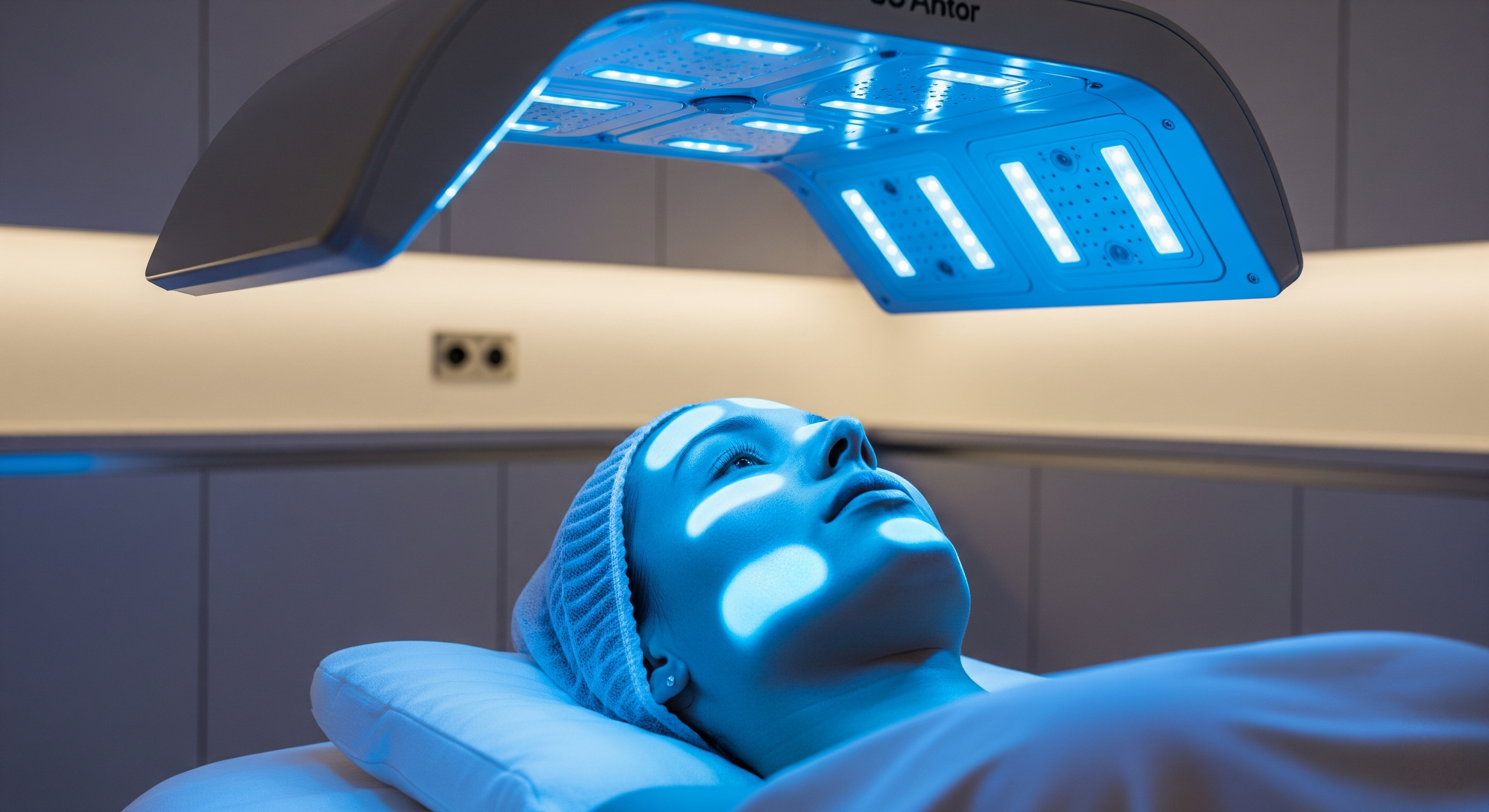 LED panel showing different colored lights on a face