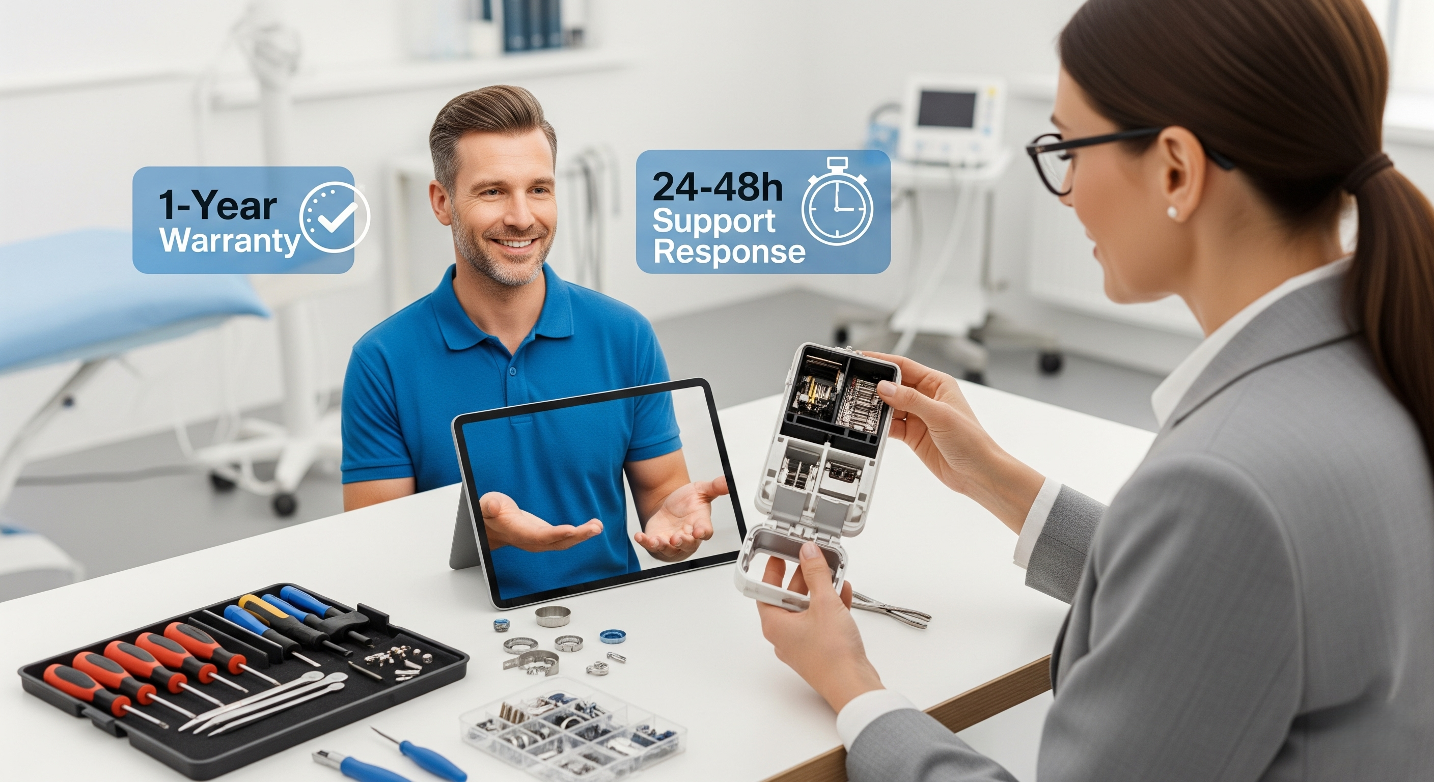 A technician on a video call guiding a clinic owner through a simple repair