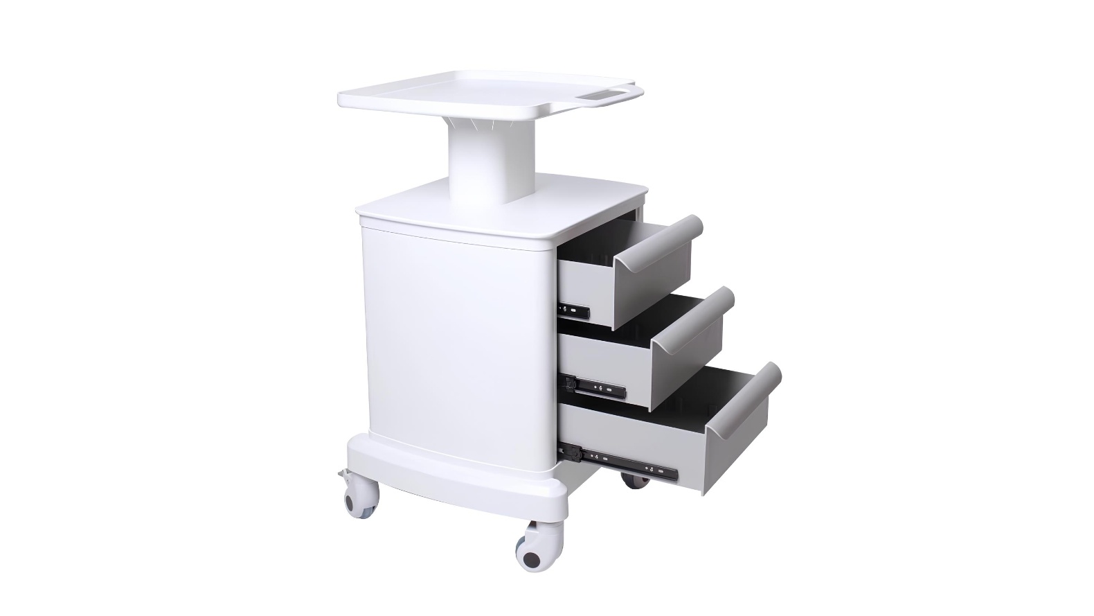 A sleek, professional beauty trolley in a clean, modern clinic setting