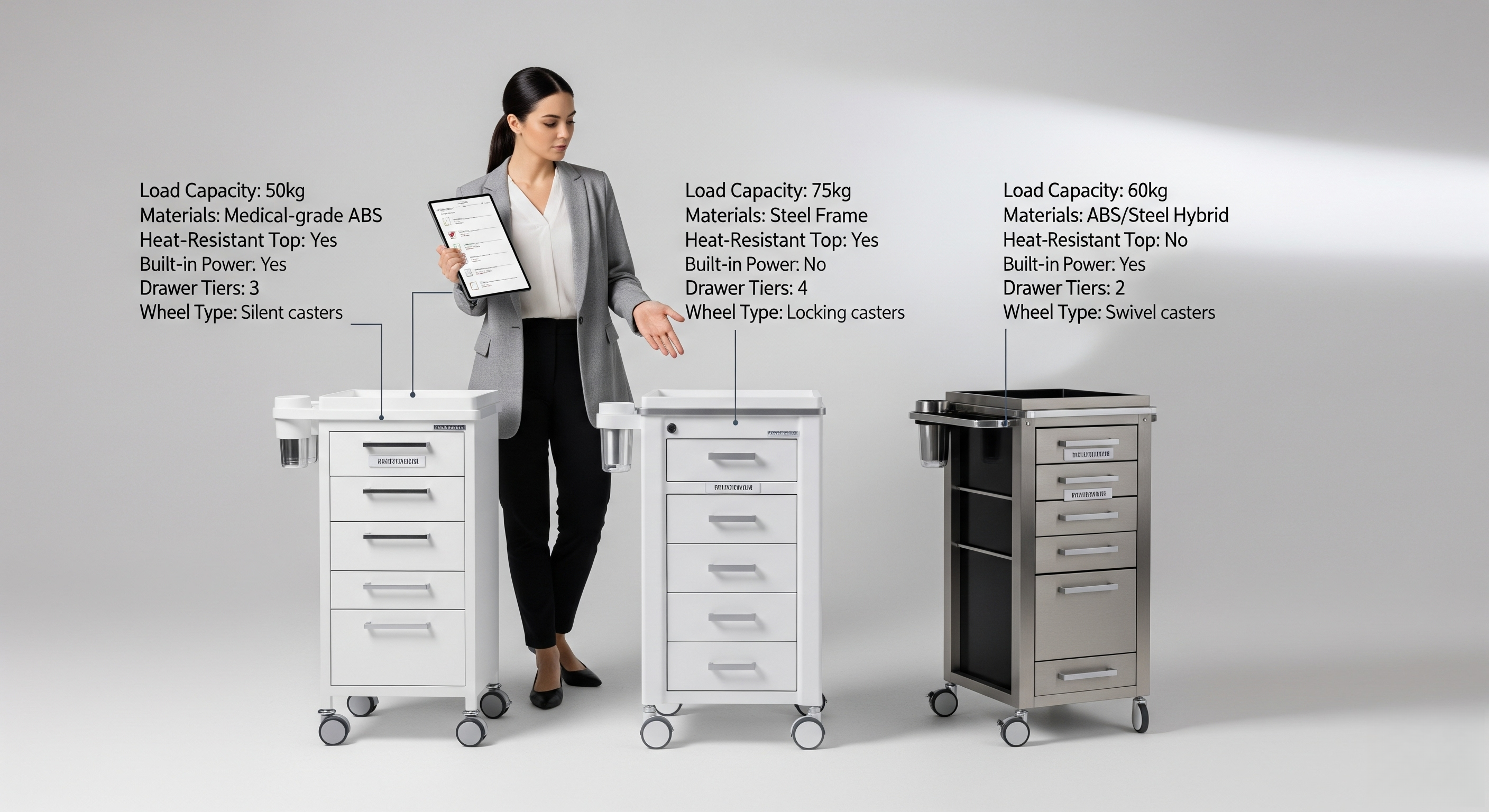 A business owner confidently choosing a professional beauty trolley in a showroom
