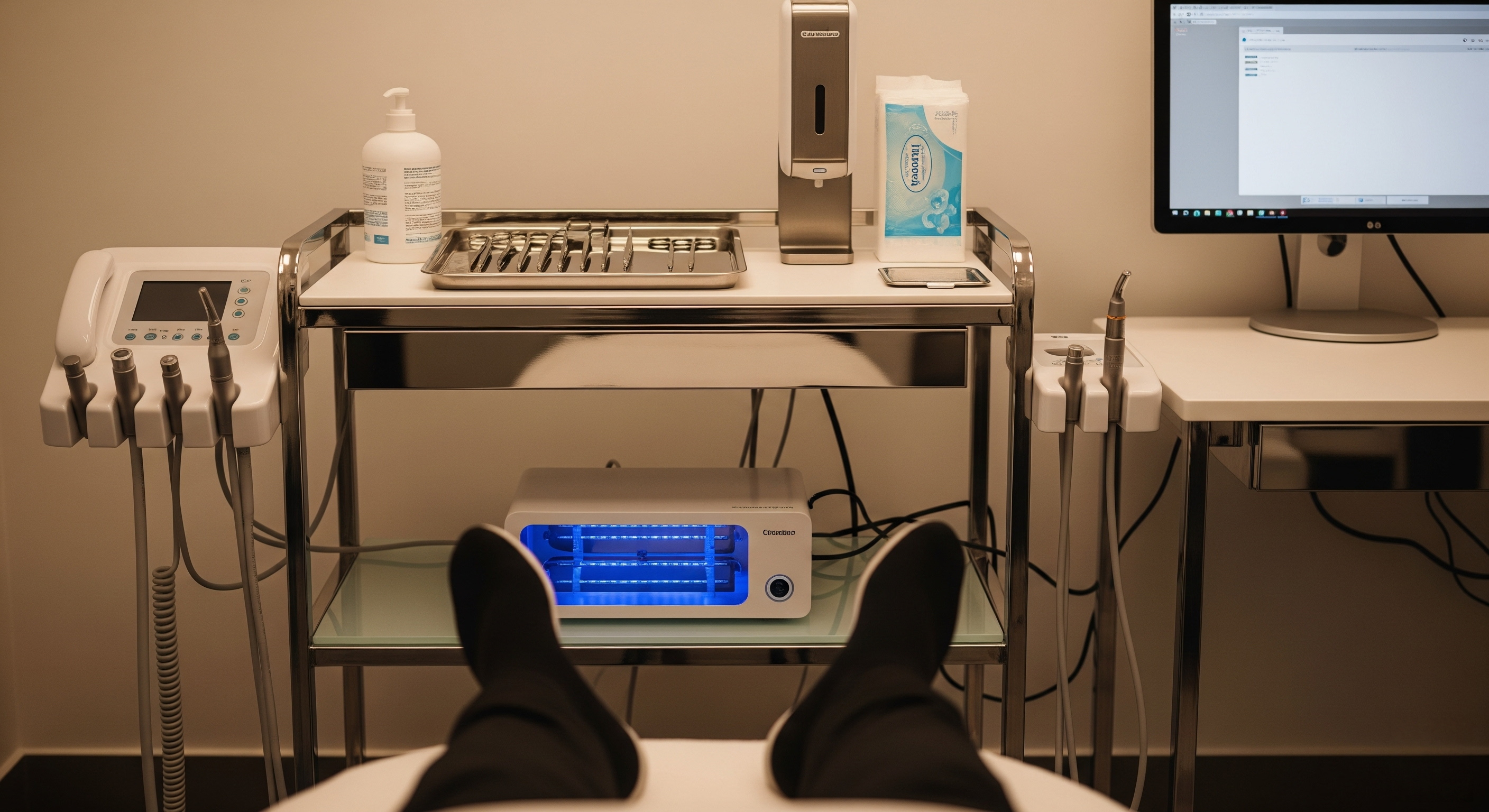 A client relaxing during a treatment with a clean and organized beauty trolley visible in the background